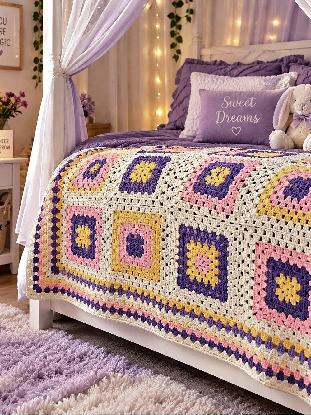 80×100 Handmade Crochet Granny Square Throw Cream & Purple
